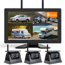 Load image into Gallery viewer, Magnetic Solar Wireless Backup Camera, 9" IPS Touchscreen Monitor HD1080P DVR Rear View Camera IP69 IR Night Vision No Wiring True 15000mAh Rechargeable Camera for RV, Trailer, Camper, Car,Truck